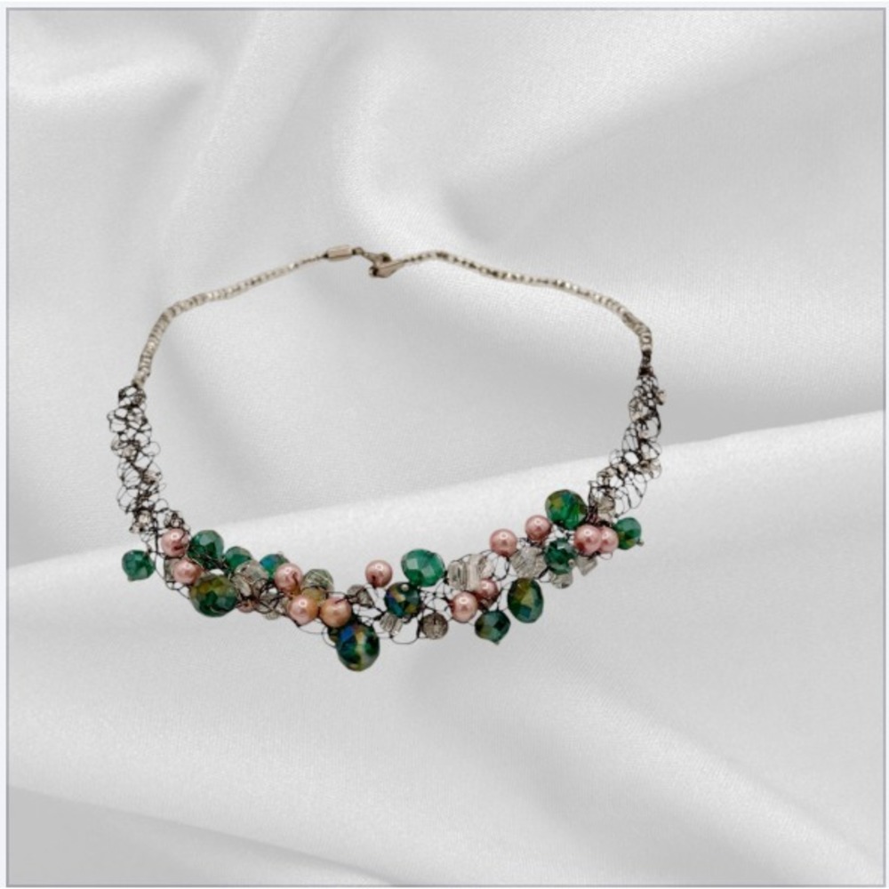 Handmade Wire Crochet Beaded Necklace Green Facet Crystal Pink Pearl Fringe 18" - Picture 3 of 15